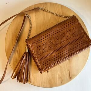 Brown Vegan Leather Boho Indie Tassel Crossbody Bag Small Madison West